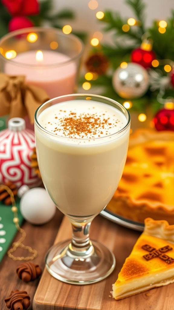 A glass of vegan eggnog garnished with nutmeg and cinnamon, set against a holiday backdrop.